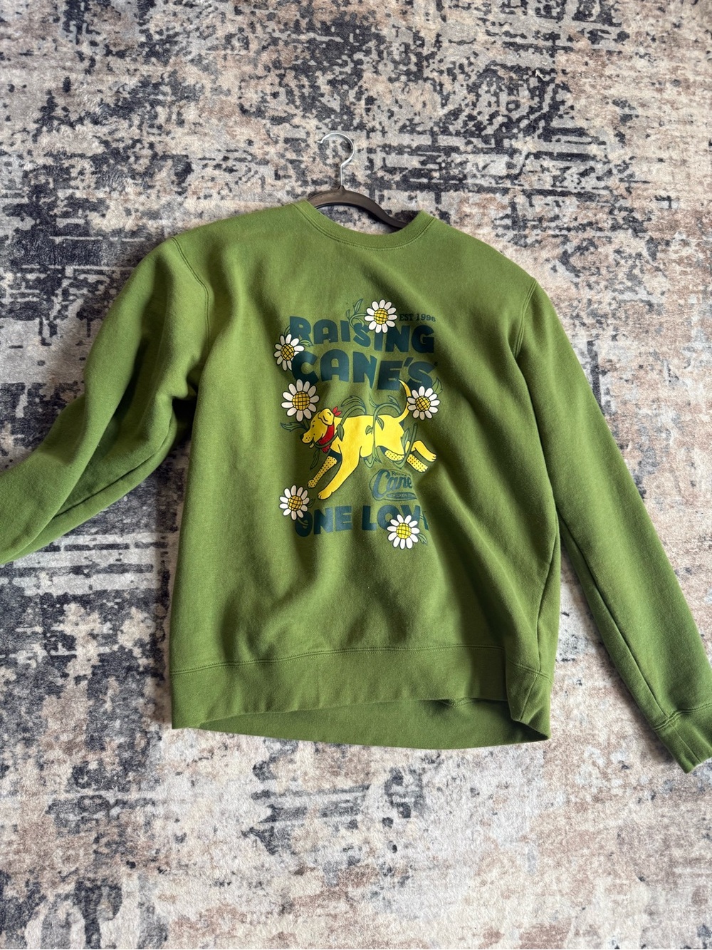 Graphic Crewneck Sweatshirt in Olive Green with Daisy Motif